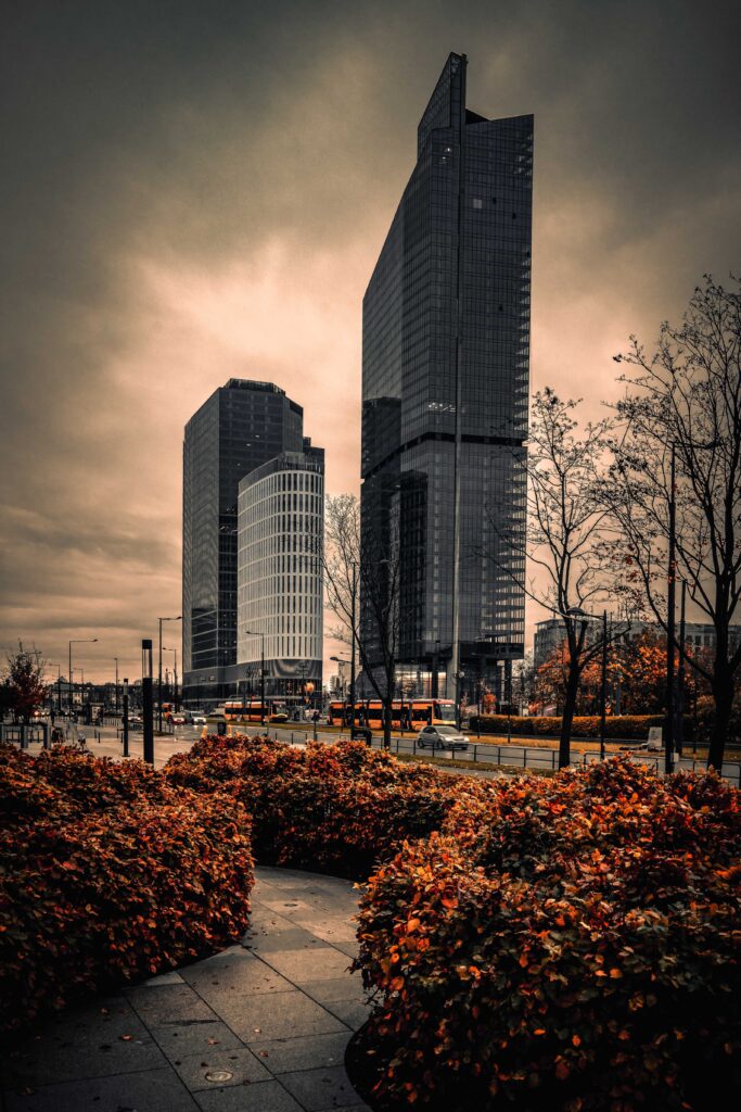 gray concrete building near trees and plants under gray sky