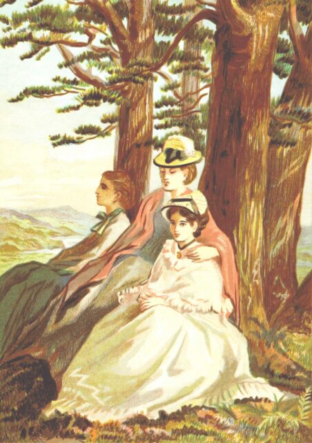 women sitting under trees painting