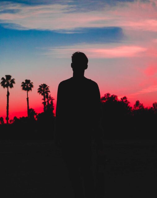 silhouette photo of person behind coconut trees photo