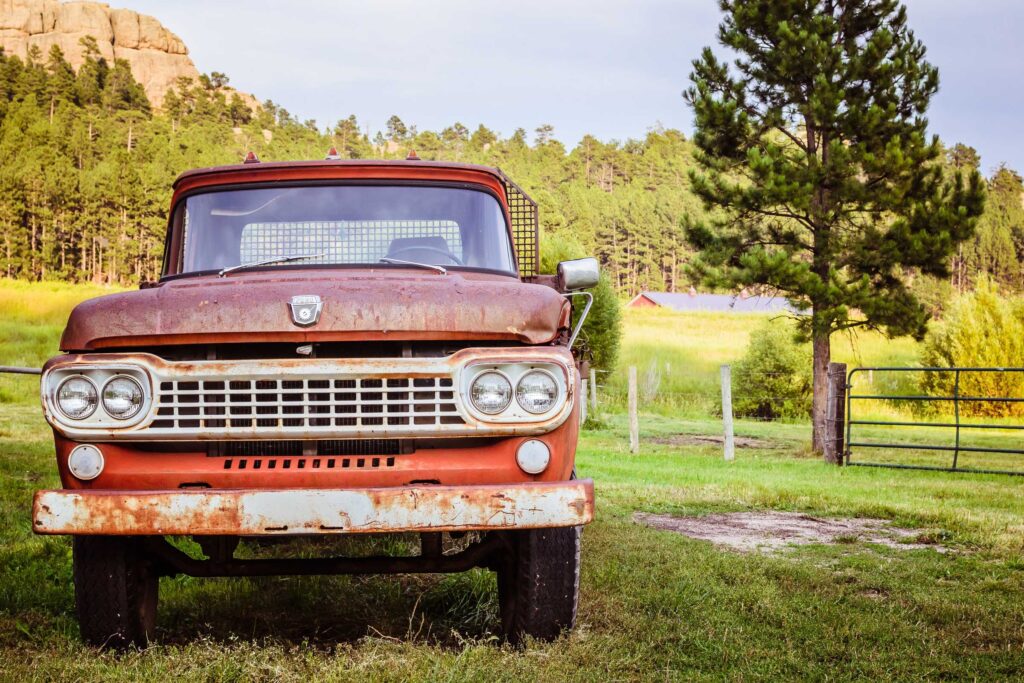 red car parked on green grass field near tree during daytime